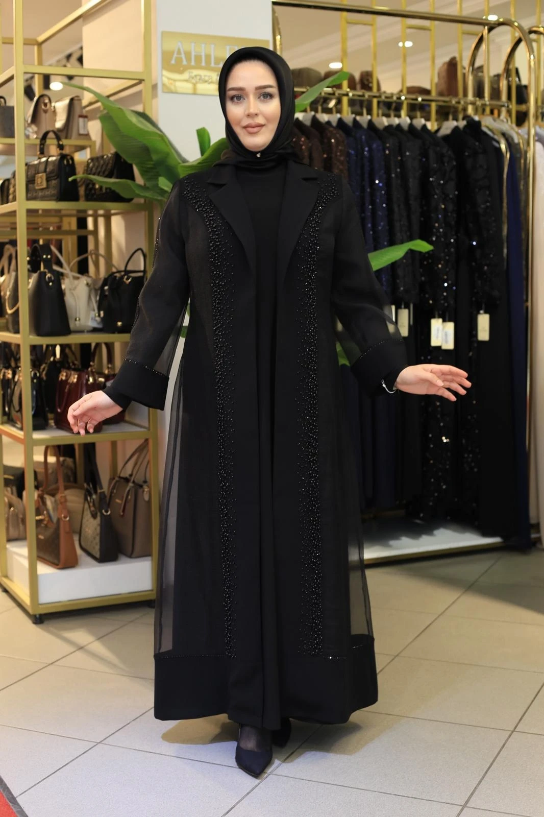 İNCİLİ ORGANZE ABAYA TAKIM 3579 KOD