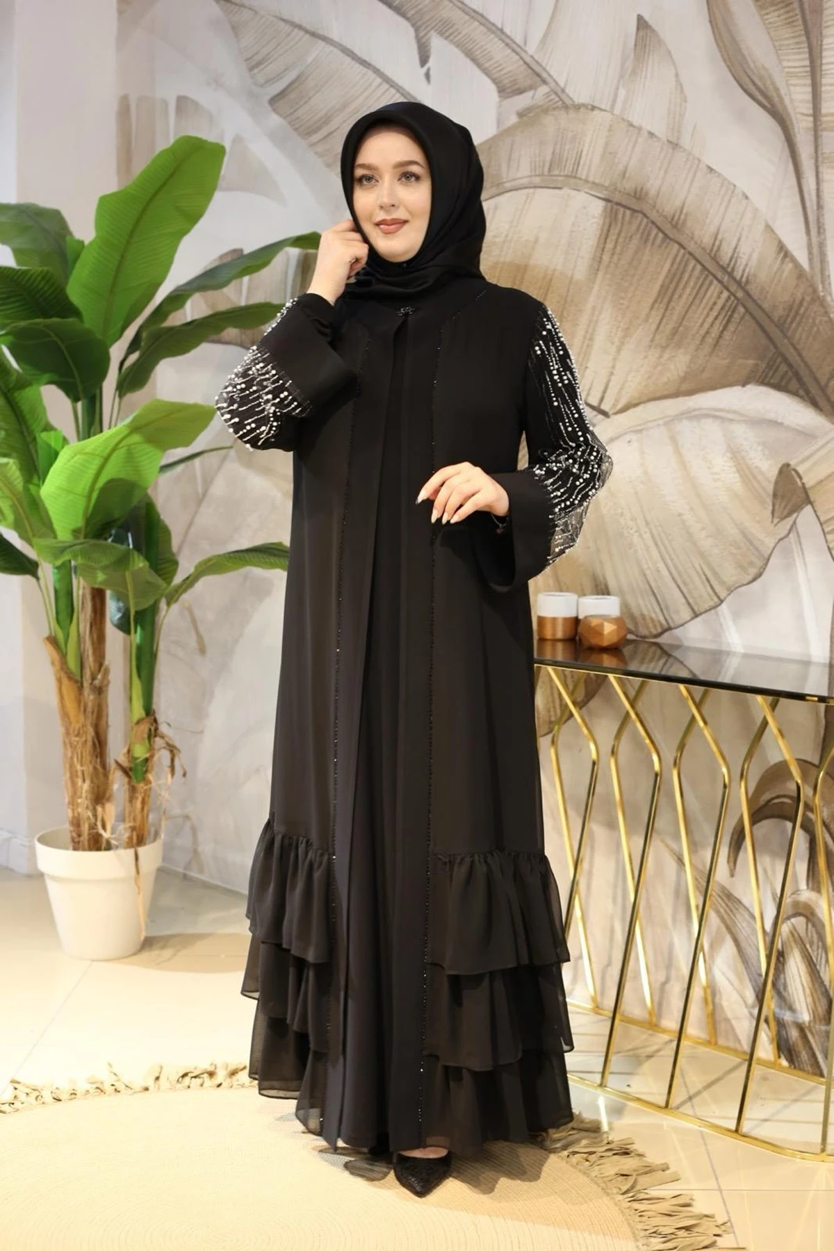KOLLARI İNCİLİ ŞİFON ABAYA TAKIM JUKI5131 KOD